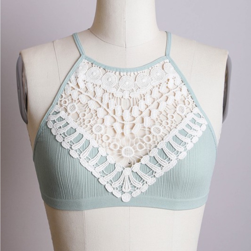123. LAST 1! Green Bra Halter Crochet Appliqué Bralette Adjustable Straps - Picture 4 of 6